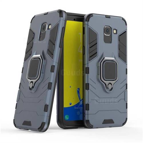 Black Panther Armor Metal Ring Grip Shockproof Dual Layer Rugged Hard Cover for Samsung Galaxy J6 (2018) SM-J600F - Blue