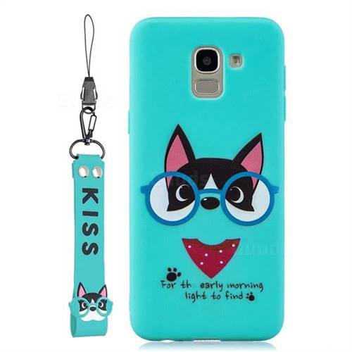 Green Glasses Dog Soft Kiss Candy Hand Strap Silicone Case for Samsung Galaxy J6 (2018) SM-J600F