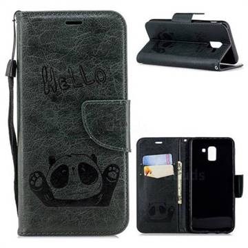Embossing Hello Panda Leather Wallet Phone Case for Samsung Galaxy J6 (2018) SM-J600F - Seagreen