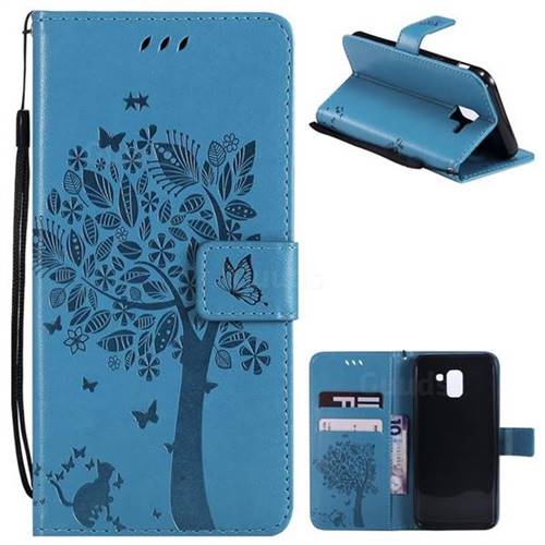 Embossing Butterfly Tree Leather Wallet Case for Samsung Galaxy J6 (2018) SM-J600F - Blue