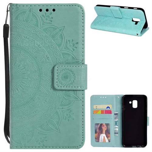 Intricate Embossing Datura Leather Wallet Case for Samsung Galaxy J6 (2018) SM-J600F - Mint Green