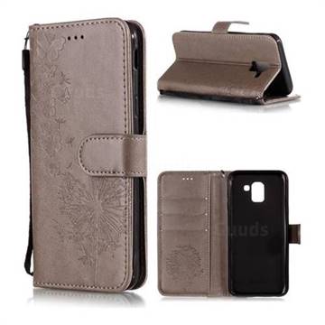 Intricate Embossing Dandelion Butterfly Leather Wallet Case for Samsung Galaxy J6 (2018) SM-J600F - Gray