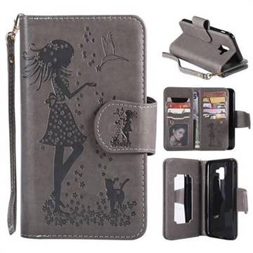 Embossing Cat Girl 9 Card Leather Wallet Case for Samsung Galaxy J6 (2018) SM-J600F - Gray