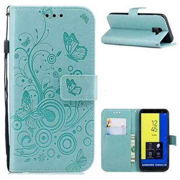 Intricate Embossing Butterfly Circle Leather Wallet Case for Samsung Galaxy J6 (2018) SM-J600F - Cyan