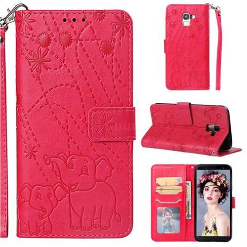 Embossing Fireworks Elephant Leather Wallet Case for Samsung Galaxy J6 (2018) SM-J600F - Red