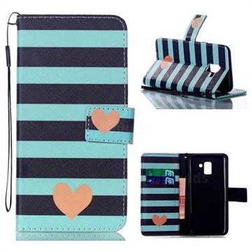 Blue Stripe Heart Leather Wallet Phone Case for Samsung Galaxy J6 (2018) SM-J600F