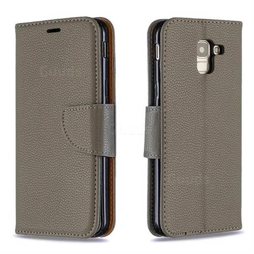 Classic Luxury Litchi Leather Phone Wallet Case for Samsung Galaxy J6 (2018) SM-J600F - Gray