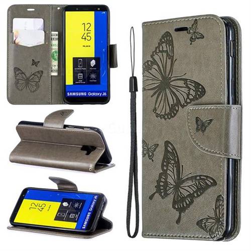 Embossing Double Butterfly Leather Wallet Case for Samsung Galaxy J6 (2018) SM-J600F - Gray