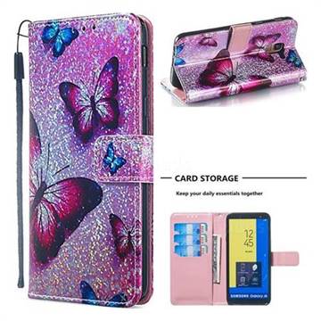 Blue Butterfly Sequins Painted Leather Wallet Case for Samsung Galaxy J6 (2018) SM-J600F