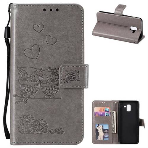 Embossing Owl Couple Flower Leather Wallet Case for Samsung Galaxy J6 (2018) SM-J600F - Gray