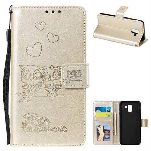 Embossing Owl Couple Flower Leather Wallet Case for Samsung Galaxy J6 (2018) SM-J600F - Golden