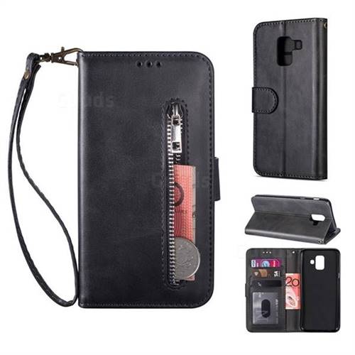 Retro Calfskin Zipper Leather Wallet Case Cover for Samsung Galaxy J6 (2018) SM-J600F - Black