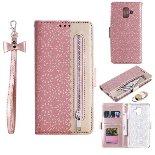Luxury Lace Zipper Stitching Leather Phone Wallet Case for Samsung Galaxy J6 (2018) SM-J600F - Pink