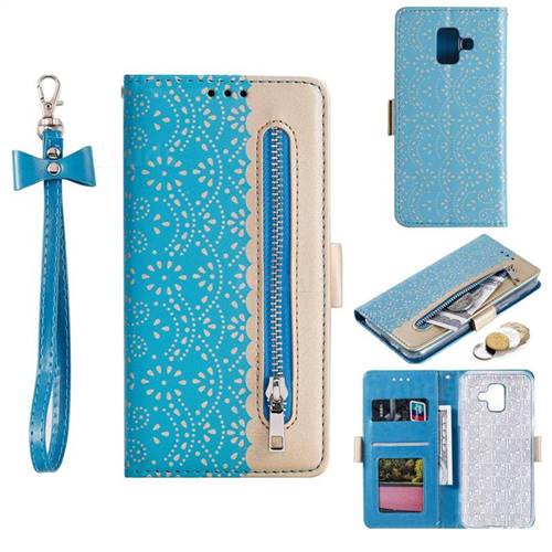 Luxury Lace Zipper Stitching Leather Phone Wallet Case for Samsung Galaxy J6 (2018) SM-J600F - Blue