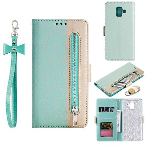 Luxury Lace Zipper Stitching Leather Phone Wallet Case for Samsung Galaxy J6 (2018) SM-J600F - Green