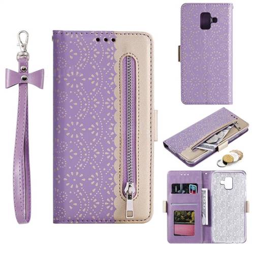 Luxury Lace Zipper Stitching Leather Phone Wallet Case for Samsung Galaxy J6 (2018) SM-J600F - Purple