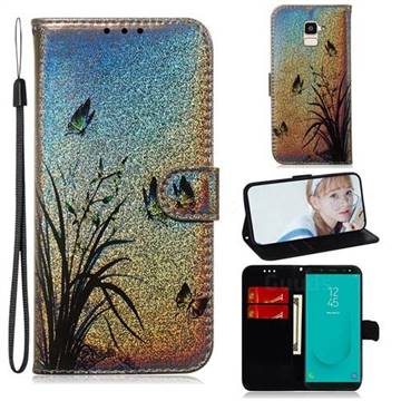 Butterfly Orchid Laser Shining Leather Wallet Phone Case for Samsung Galaxy J6 (2018) SM-J600F