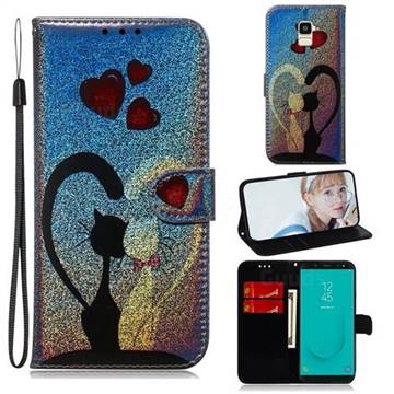 Love Cat Laser Shining Leather Wallet Phone Case for Samsung Galaxy J6 (2018) SM-J600F