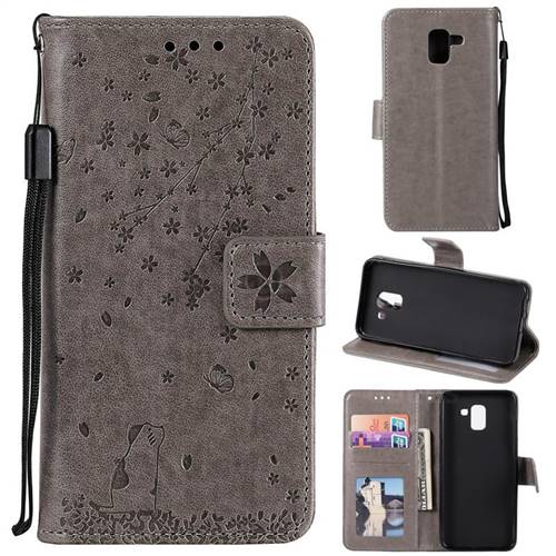 Embossing Cherry Blossom Cat Leather Wallet Case for Samsung Galaxy J6 (2018) SM-J600F - Gray