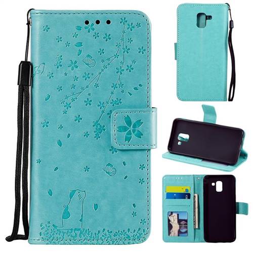Embossing Cherry Blossom Cat Leather Wallet Case for Samsung Galaxy J6 (2018) SM-J600F - Green