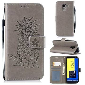 Embossing Flower Pineapple Leather Wallet Case for Samsung Galaxy J6 (2018) SM-J600F - Gray