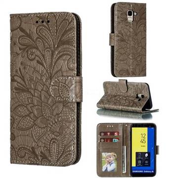 Intricate Embossing Lace Jasmine Flower Leather Wallet Case for Samsung Galaxy J6 (2018) SM-J600F - Gray