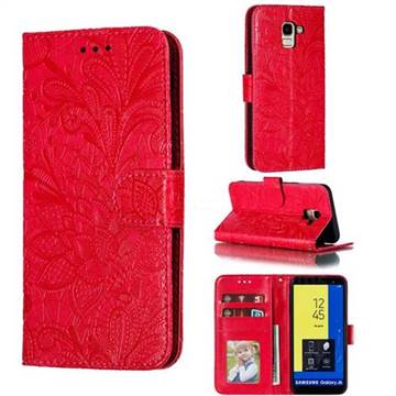 Intricate Embossing Lace Jasmine Flower Leather Wallet Case for Samsung Galaxy J6 (2018) SM-J600F - Red