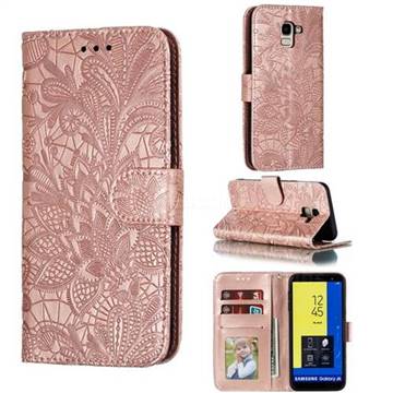 Intricate Embossing Lace Jasmine Flower Leather Wallet Case for Samsung Galaxy J6 (2018) SM-J600F - Rose Gold