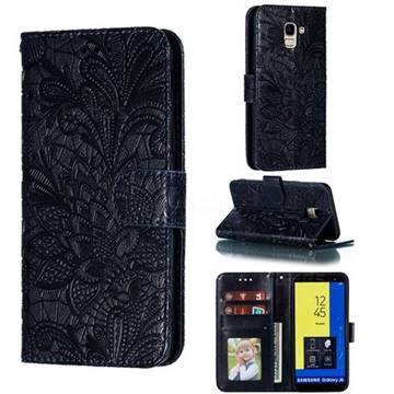 Intricate Embossing Lace Jasmine Flower Leather Wallet Case for Samsung Galaxy J6 (2018) SM-J600F - Dark Blue