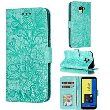 Intricate Embossing Lace Jasmine Flower Leather Wallet Case for Samsung Galaxy J6 (2018) SM-J600F - Green