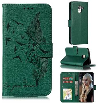 Intricate Embossing Lychee Feather Bird Leather Wallet Case for Samsung Galaxy J6 (2018) SM-J600F - Green
