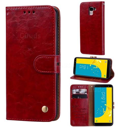 Luxury Retro Oil Wax PU Leather Wallet Phone Case for Samsung Galaxy J6 (2018) SM-J600F - Brown Red