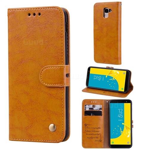 Luxury Retro Oil Wax PU Leather Wallet Phone Case for Samsung Galaxy J6 (2018) SM-J600F - Orange Yellow