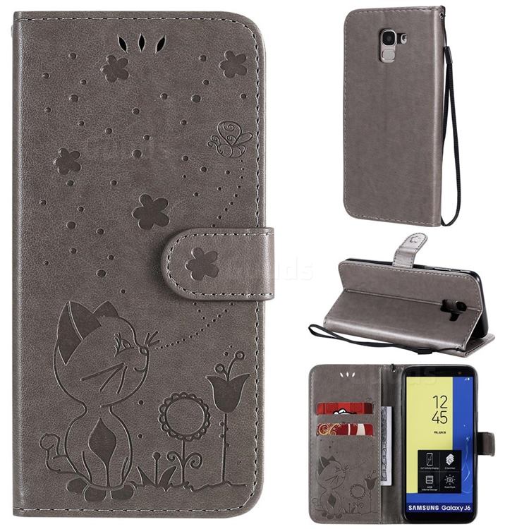 Embossing Bee and Cat Leather Wallet Case for Samsung Galaxy J6 (2018) SM-J600F - Gray