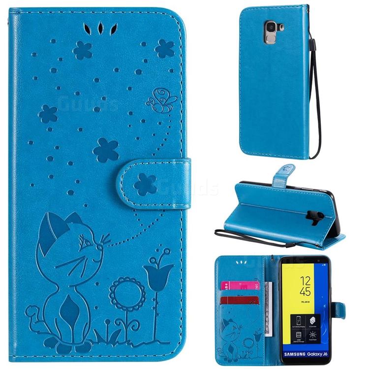 Embossing Bee and Cat Leather Wallet Case for Samsung Galaxy J6 (2018) SM-J600F - Blue