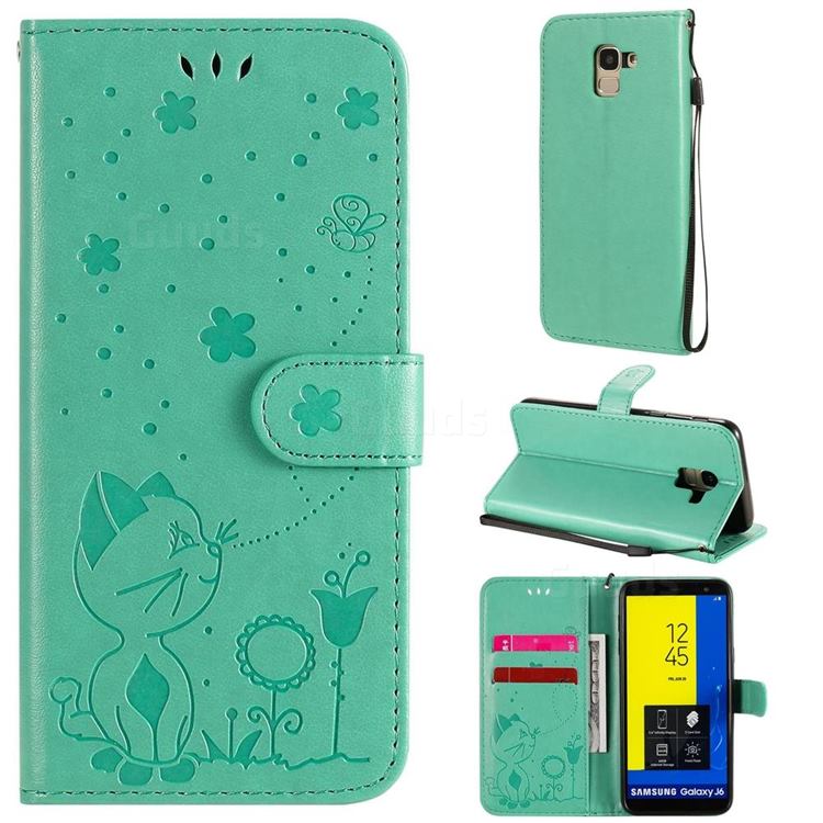 Embossing Bee and Cat Leather Wallet Case for Samsung Galaxy J6 (2018) SM-J600F - Green