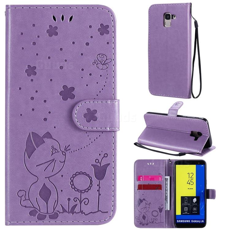Embossing Bee and Cat Leather Wallet Case for Samsung Galaxy J6 (2018) SM-J600F - Purple