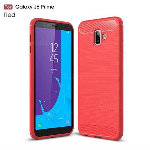 Luxury Carbon Fiber Brushed Wire Drawing Silicone TPU Back Cover for Samsung Galaxy J6 Plus / J6 Prime - Red
