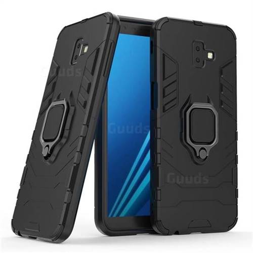 Black Panther Armor Metal Ring Grip Shockproof Dual Layer Rugged Hard Cover for Samsung Galaxy J6 Plus / J6 Prime - Black