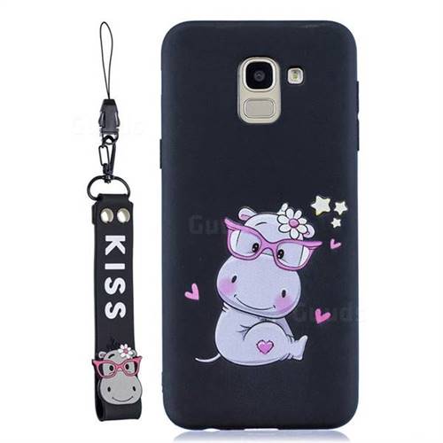 Black Flower Hippo Soft Kiss Candy Hand Strap Silicone Case for Samsung Galaxy J6 Plus / J6 Prime