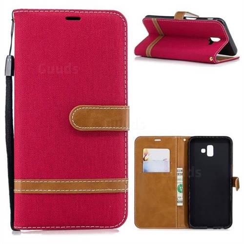 Jeans Cowboy Denim Leather Wallet Case for Samsung Galaxy J6 Plus / J6 Prime - Red