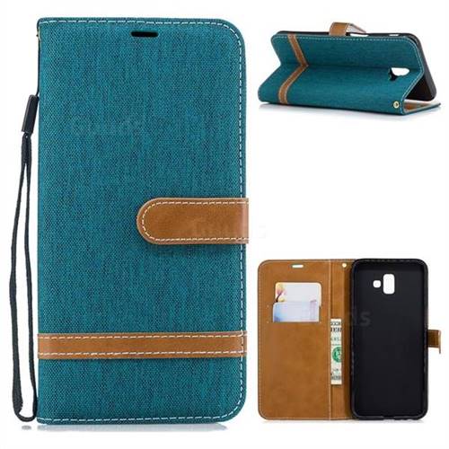 Jeans Cowboy Denim Leather Wallet Case for Samsung Galaxy J6 Plus / J6 Prime - Green
