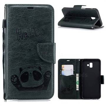 Embossing Hello Panda Leather Wallet Phone Case for Samsung Galaxy J6 Plus / J6 Prime - Seagreen