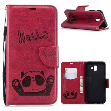 Embossing Hello Panda Leather Wallet Phone Case for Samsung Galaxy J6 Plus / J6 Prime - Red