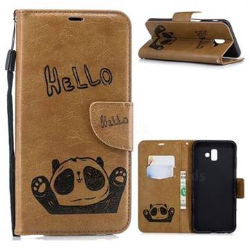 Embossing Hello Panda Leather Wallet Phone Case for Samsung Galaxy J6 Plus / J6 Prime - Brown