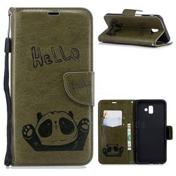 Embossing Hello Panda Leather Wallet Phone Case for Samsung Galaxy J6 Plus / J6 Prime - Olive Green