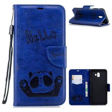 Embossing Hello Panda Leather Wallet Phone Case for Samsung Galaxy J6 Plus / J6 Prime - Blue