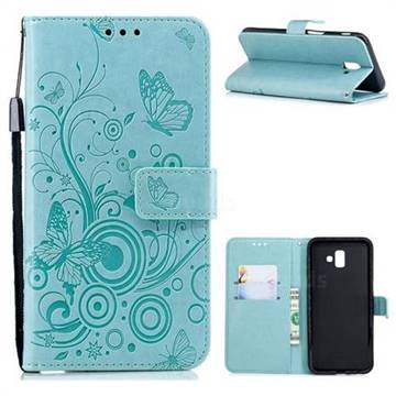 Intricate Embossing Butterfly Circle Leather Wallet Case for Samsung Galaxy J6 Plus / J6 Prime - Cyan