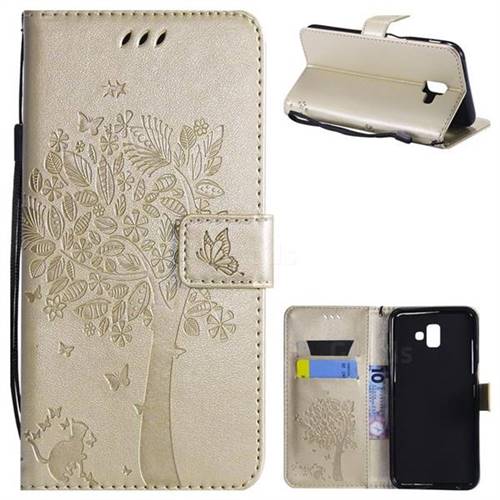 Embossing Butterfly Tree Leather Wallet Case for Samsung Galaxy J6 Plus / J6 Prime - Champagne