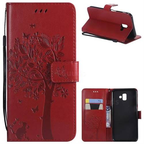 Embossing Butterfly Tree Leather Wallet Case for Samsung Galaxy J6 Plus / J6 Prime - Red
